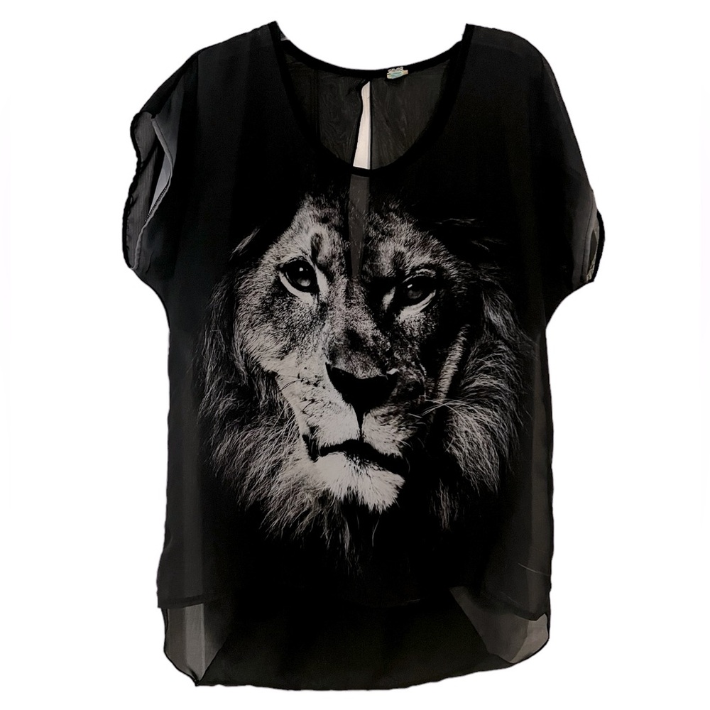 Lion Black Sheer Pullover Blouse Blue Ribbon on tag  size 50” chest